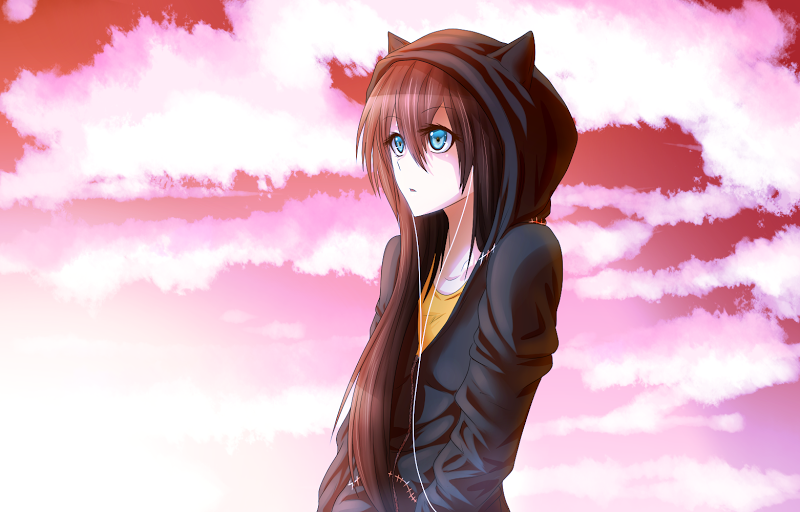 Image result for anime girl with brown hair and blue eyes in a hoodie