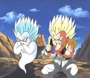 Gotenks usando su ataque de los fantasmas kamikaze contra bou bou