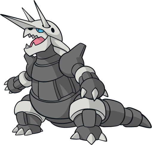 The gray metal dinosaur-like being known as Aggron, bipedal with three horns.