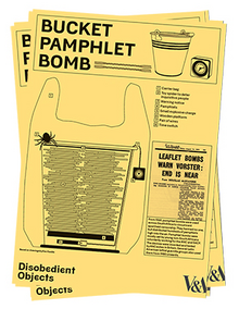 riottech: pamphlet showing a bucket filled with stacks of paper, as well as parts of the assembly