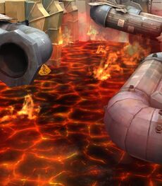 Lava under pipes in rumble factory