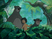 Mowgli, Baloo, and Bagheera see the man-village