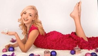 Peyton List Barefoot Lying Down Red Dress