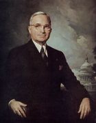 Painting of Caucasian man in dark suit with wire glasses and gray hair