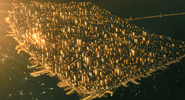 Animated aerial view of Dejima from a scene in Ghost in the Shell: S.A.C. 2nd GIG