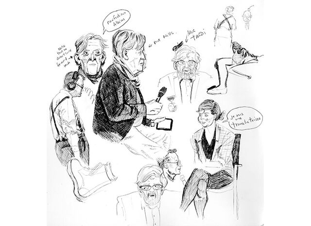 File:Live sketch of Jacques Tardi, Paul Gravett, Pat Mills at Comica talk 2015.jpg