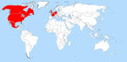 A large blank world map with oceans marked in blue