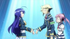 Onigase, Zenkichi, and Medaka handcuffed together