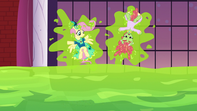 File:Fluttershy and Tree Hugger stuck to a wall S5E7.png