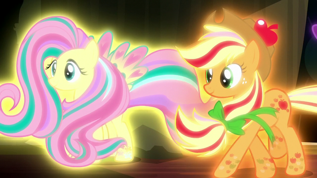 File:Fluttershy and Applejack in Rainbow Power forms S5E13.png