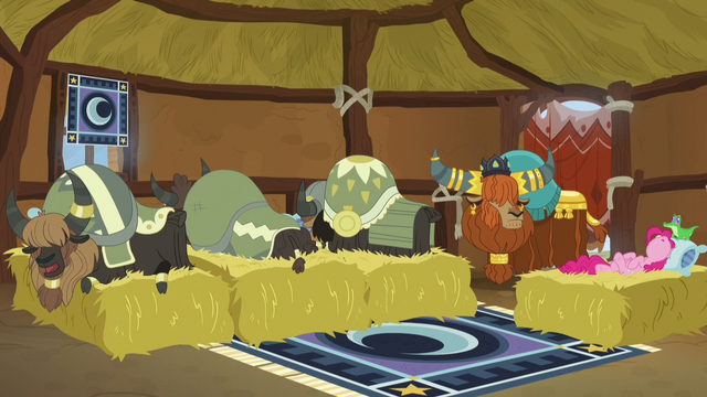 File:Pinkie Pie and yaks sleeping on beds of hay S7E11.png