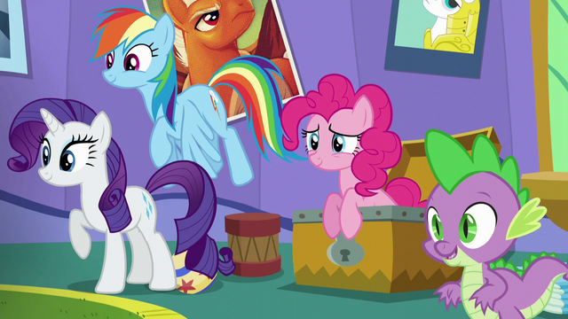 File:Rarity, Rainbow, Pinkie, and Spike together in one shot S5E19.png