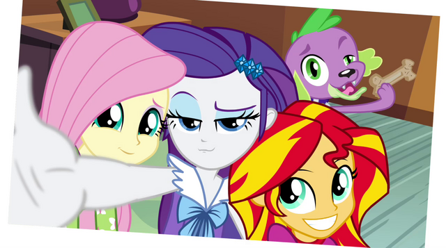 File:Fluttershy, Rarity, Sunset, and Spike photo EG2.png