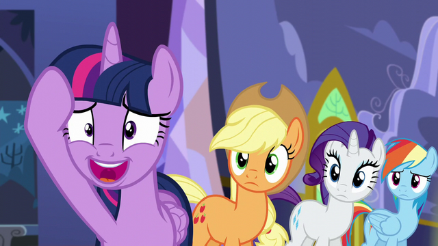 File:Applejack, Rarity, and Rainbow Dash sees Twilight nervous S5E11.png