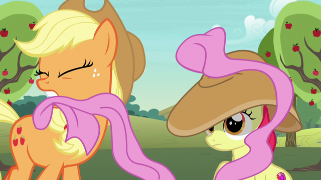File:Applejack pulls off Apple Bloom's oversized bow S7E9.png