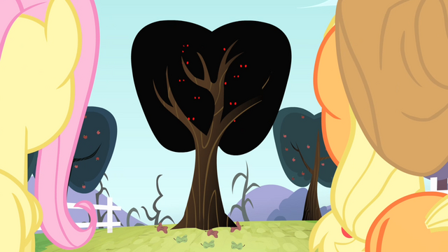 File:Applejack and Fluttershy looking at the tree covered by bats S4E07.png