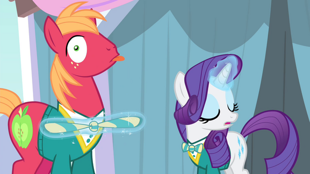 File:Rarity tying up Big Mac's bowtie S4E14.png