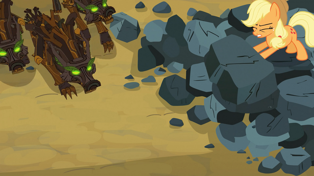 File:Applejack pushing boulder on timberwolves S03E09.png