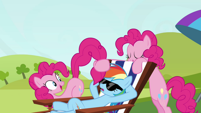 File:Pinkie Pie clone tickling Rainbow's nose with other clone's tail S3E03.png