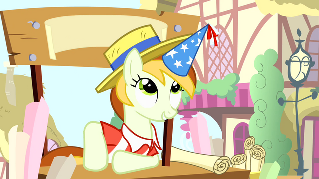 File:Banner vendor pony wearing party hat S4E12.png