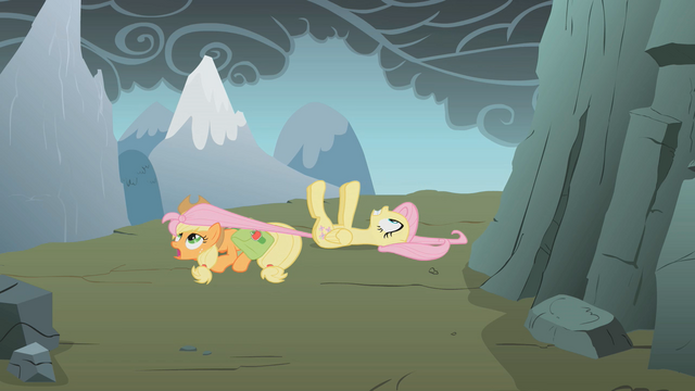 File:Applejack dragging Fluttershy S1E07.png