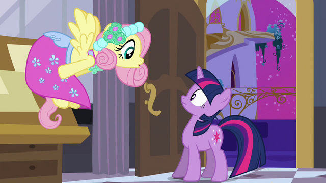 File:Fluttershy greets Twilight in her dress S2E25.png