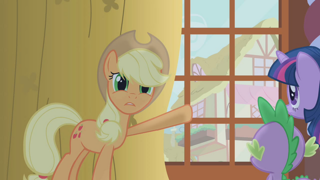 File:Applejack pointing to Zecora S1E9.png