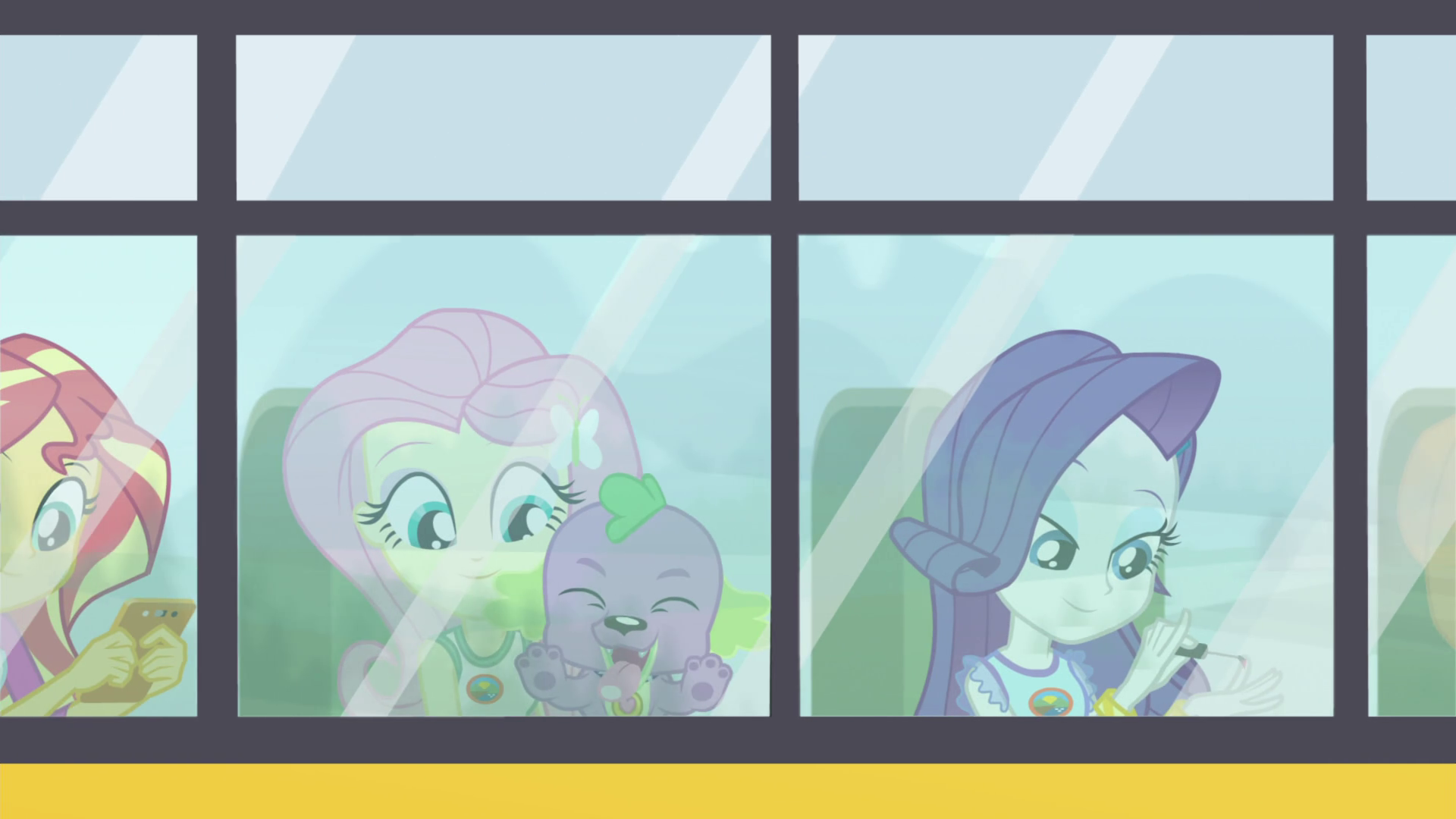 Image - Fluttershy, Spike, and Rarity riding the CHS bus 