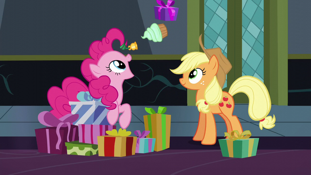 File:Applejack and Pinkie exchanging gifts S6E8.png