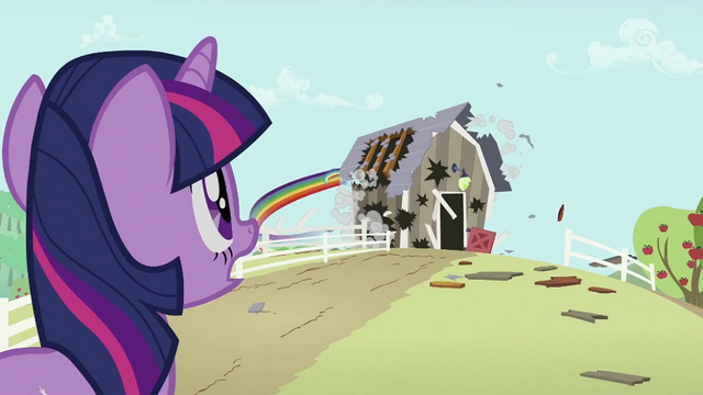 File:Twilight Sparkle sees Rainbow Dash destroying barn S2E03.png