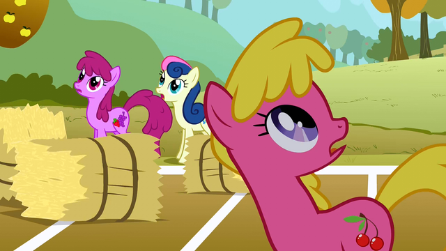 File:Berryshine, Cherry Berry, and Sweetie Drops looking at Rainbow Dash's flying hay bale S1E13.png