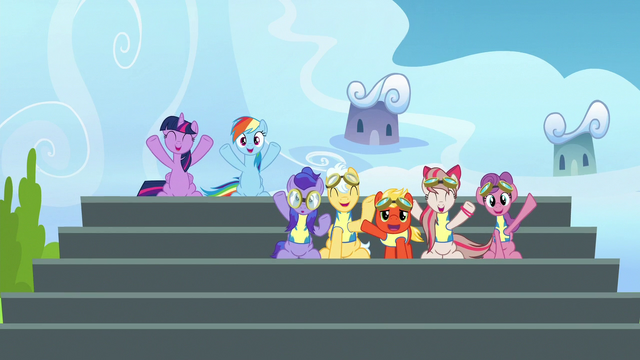 File:Twilight, Rainbow, and academy trainees cheering S6E24.png