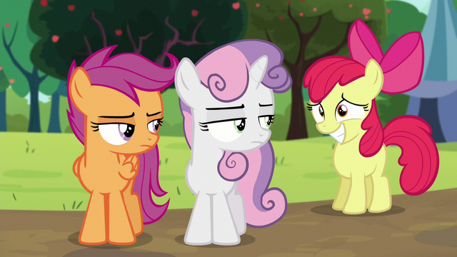 File:Apple Bloom smiling; Sweetie Belle and Scootaloo looks at her S5E17.png