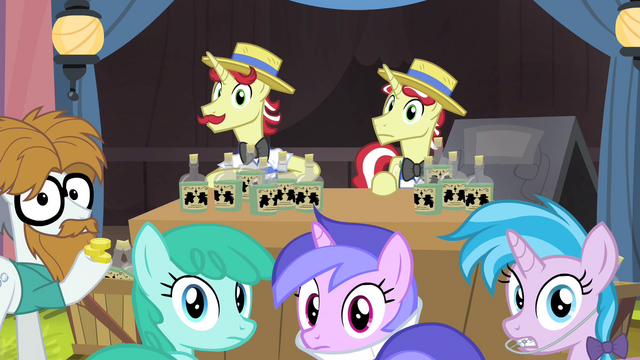 File:Flim, Flam, Silver Shill and other ponies hear Granny S4E20.png