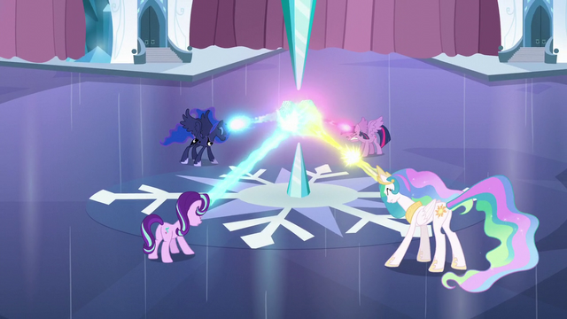 File:Twilight, Celestia, Luna, and Starlight shooting their magic beams at Crystal Heart S6E2.png