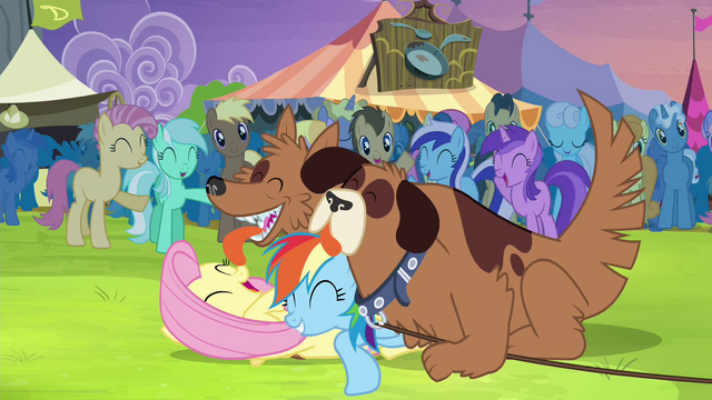 File:Fluttershy and Rainbow Dash getting licked by Orthros S4E22.png