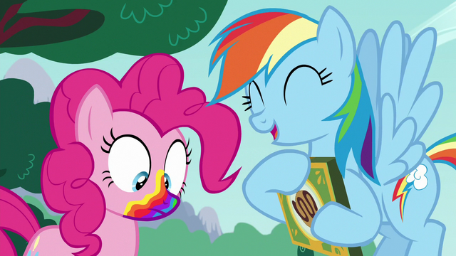 File:Pinkie with rainbow mouth; Rainbow laughing S6E15.png