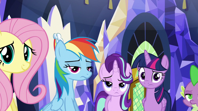File:Twilight and friends looking at Rarity weird S6E12.png