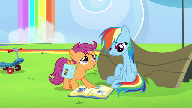 File:Scootaloo points at pictures of Rainbow's parents S7E7.png
