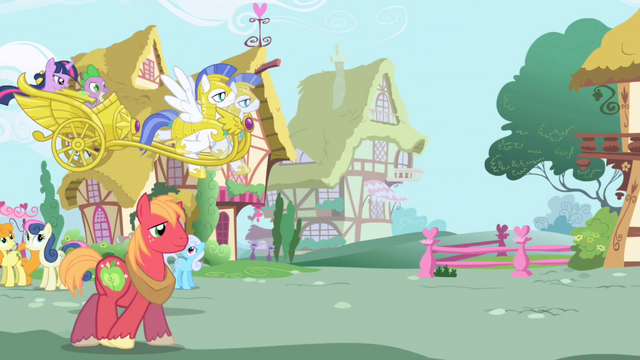 File:Big McIntosh, Sweetie Drops, Golden Harvest, and Shoeshine watch chariot land S1E01.png