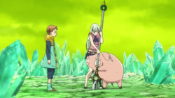 Hawk and Elizabeth trying to pull out the spear to fight