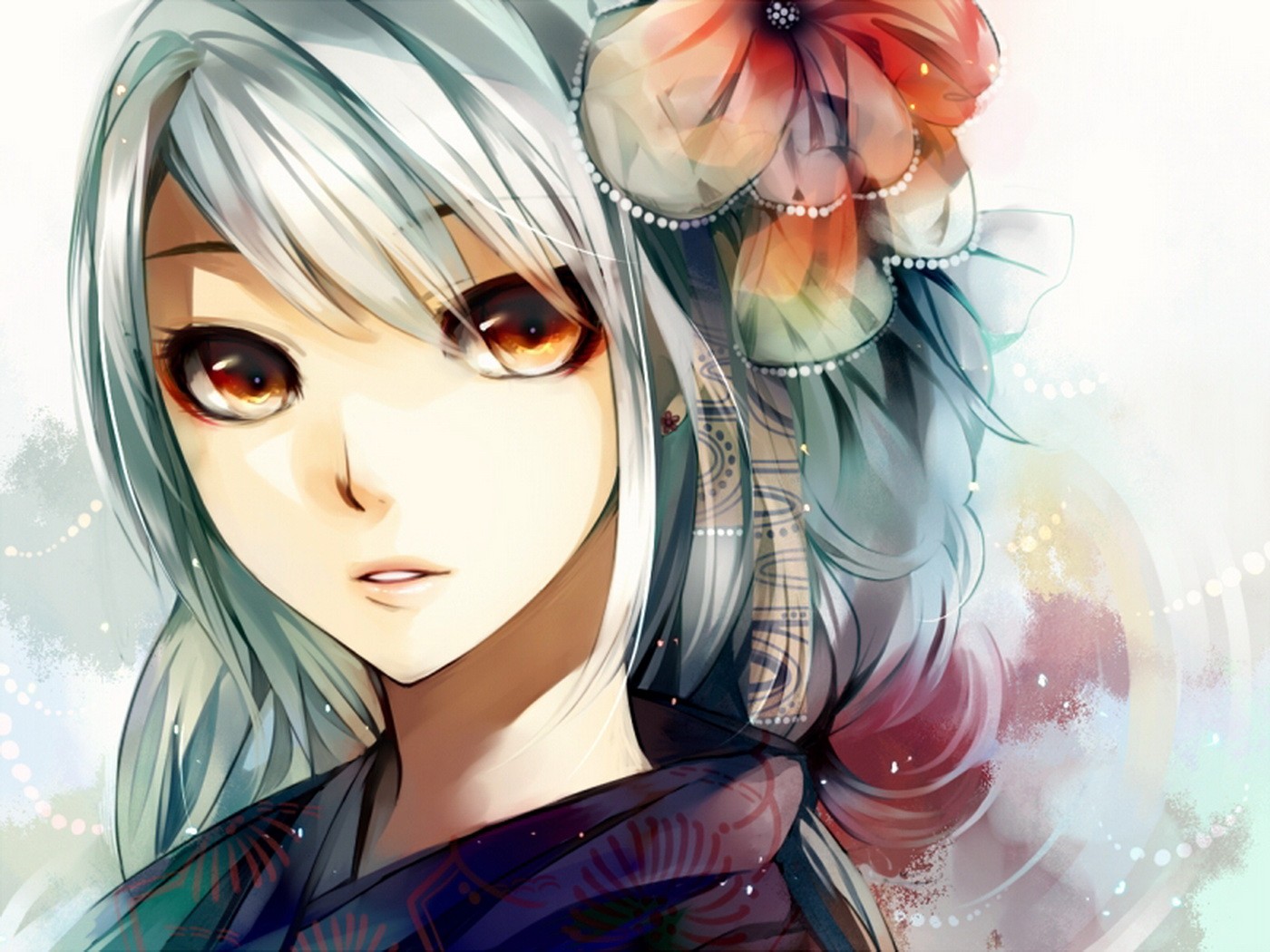 Image - Close-up-lips-long-hair-kimono-green-hair-anime-golden-eyes