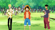 Luffy, Zoro, Sanji und die Bewohner von Little East Blue