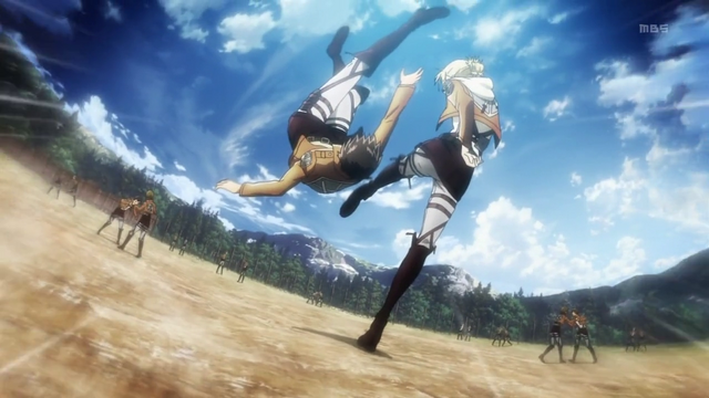 Archivo:Annie tirando al suelo a Eren en el entrenamiento.png