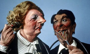 Two of his best known chracter voices Thatcher and Reagan