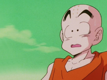 Krillin confronted by Vegeta