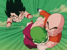 Krillin and Gohan flying with Dende